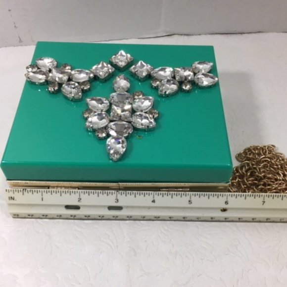 Fashionable Rhinestone Hardcase Box Turquoise Glam Clutch Crossbody 5x6 - Picture 9 of 13